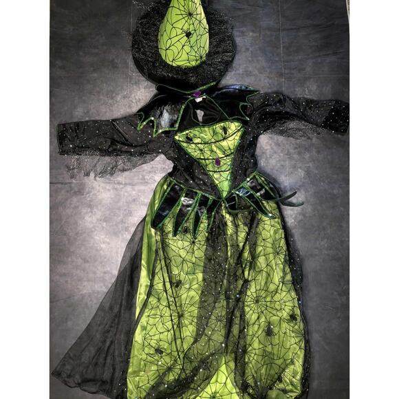 Magical Green Halloween 2 Piece Witch Costume Spiders Girls Size 7-8 Teetot - Picture 2 of 11